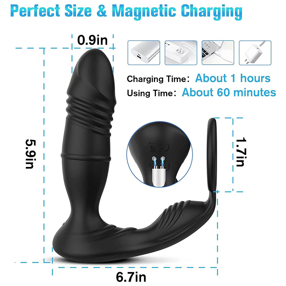 USB Magnetic Charging Thrusting Vibration Dildo Lock Ring Anal Plug - Image 2
